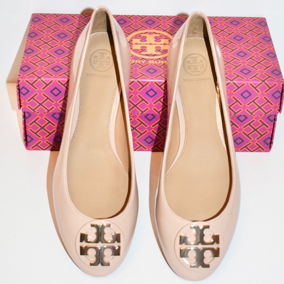 TORY BURCH CLAIRE PATENT LEATHER BALLET FLATS GOAN SAND GOLD - Picture 2 of 11